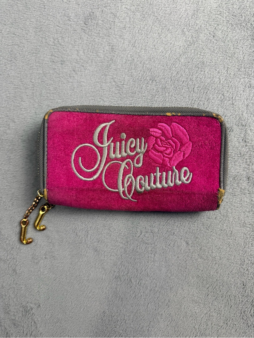Juicy Couture Hot Pink Velvet Zip-Around Wallet with Embroidered Logo